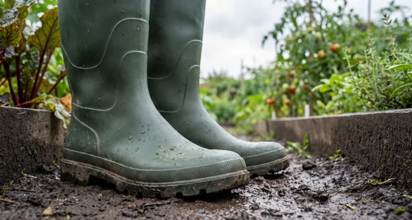 Bottes de jardin dans une planche de culture après la pluie