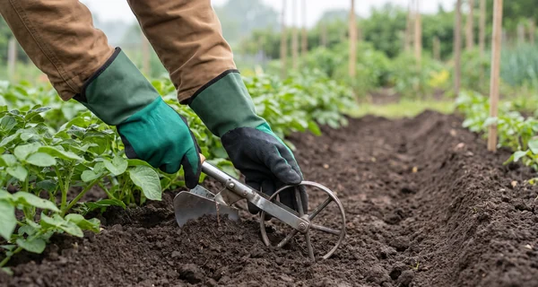 Buttoir ramenant la terre sur un rang de pommes de terre