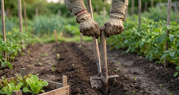 Canne à planter utilisée debout le long d'un rang de culture
