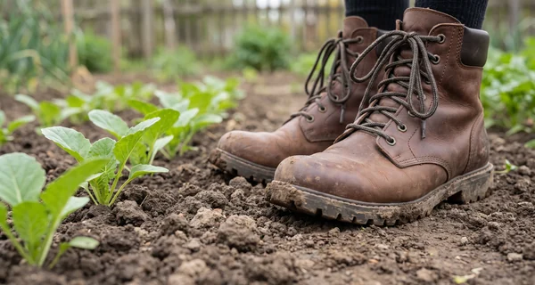 Chaussures montantes de jardin sur un sol de potager irrégulier