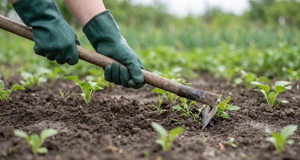 Désherbage manuel au sarcloir entre des rangs de plants au potager