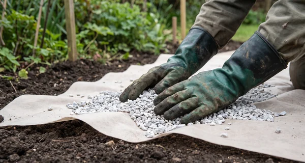 Géotextile posé sous une couche de gravier d'allée de jardin