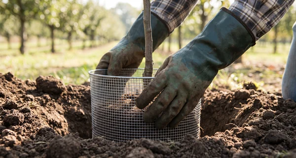 Grillage de protection installé au fond d'une fosse de plantation