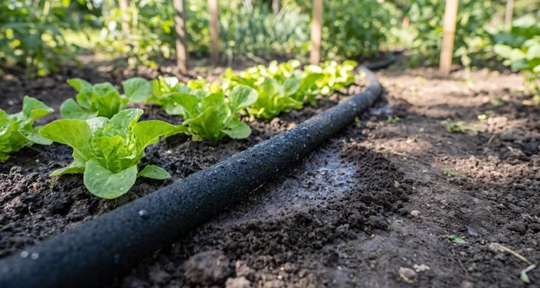 Tuyau poreux humidifiant le sol le long d'un rang de salades