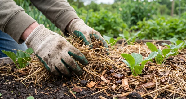 Mise en place d'un paillage au pied de jeunes plants de légumes