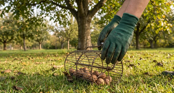Rouleau ramasseur relevant des noix dans l'herbe d'un verger