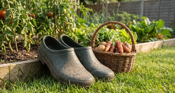 Sabots de jardin posés au bord d'une planche de culture